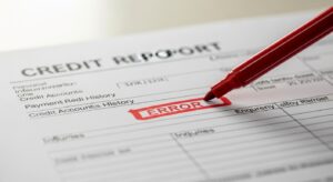 Close-up of a credit report with the word "ERROR" marked in red, highlighting the issue of credit report errors after bankruptcy.
