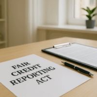 Fair Credit Reporting Act document on a wooden desk beside a pen and clipboard, in a bright office setting with a potted plant in the background. Fair Credit Reporting Act document on a wooden desk beside a pen and clipboard, in a bright office setting with a potted plant in the background.