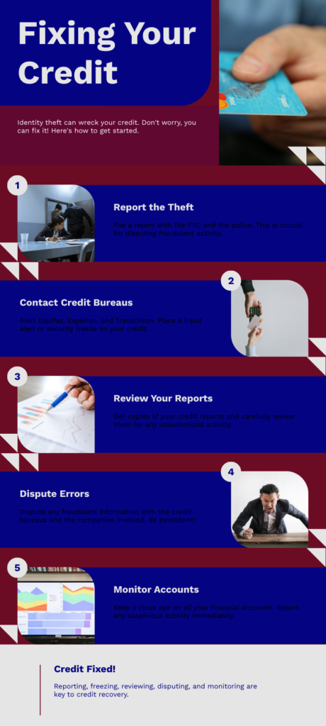 Infographic titled 'Fixing Your Credit' that visually outlines five steps to recover from identity theft-related credit damage. Step 1: Report the theft to the FTC and police. Step 2: Contact credit bureaus like Equifax, Experian, and TransUnion to place a fraud alert or freeze. Step 3: Review your credit reports for unauthorized activity. Step 4: Dispute any errors or fraudulent information with persistence. Step 5: Monitor your accounts closely for suspicious activity. Final section reads 'Credit Fixed!' emphasizing the importance of reporting, freezing, reviewing, disputing, and monitoring for credit recovery. Each step is paired with an illustrative photo and number.