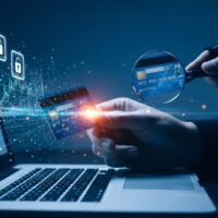 Close-up of a person holding a credit card under a magnifying glass in front of a laptop, symbolizing identity theft by family members and online fraud detection.